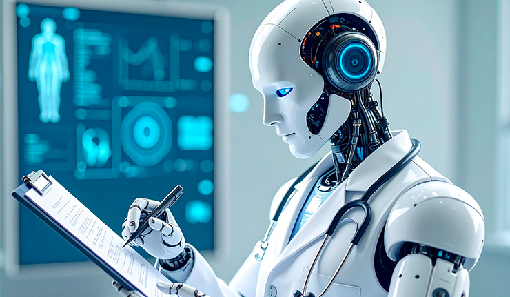 Imagem gerada no Adobe Firefly. Robô vestido de médico faz anotações em um prancheta.