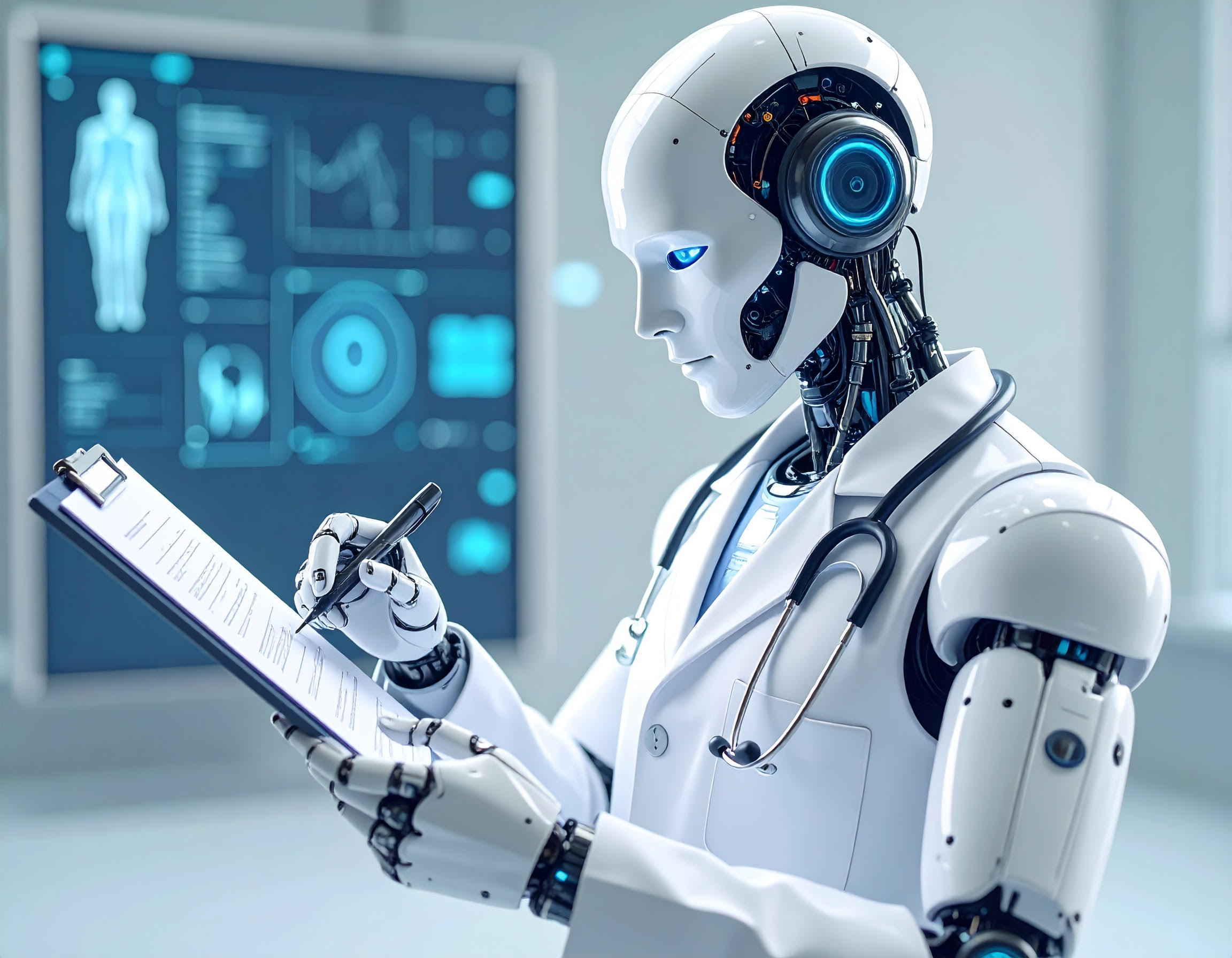 Imagem gerada no Adobe Firefly. Robô vestido de médico faz anotações em um prancheta.