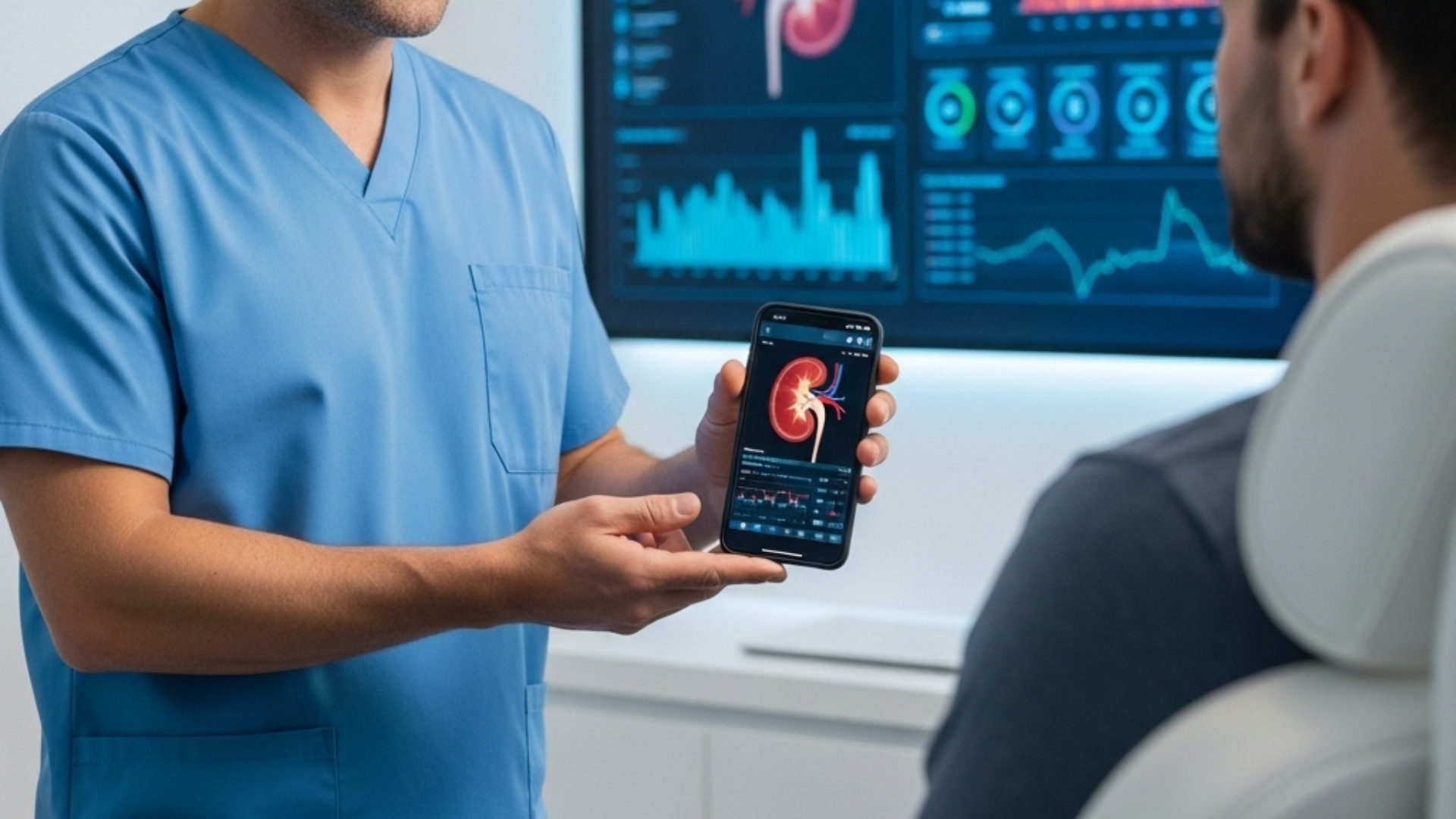 Enfermeiro mostra exame de imagem de função renal na tela de smartphone. Imagem gerada por IA