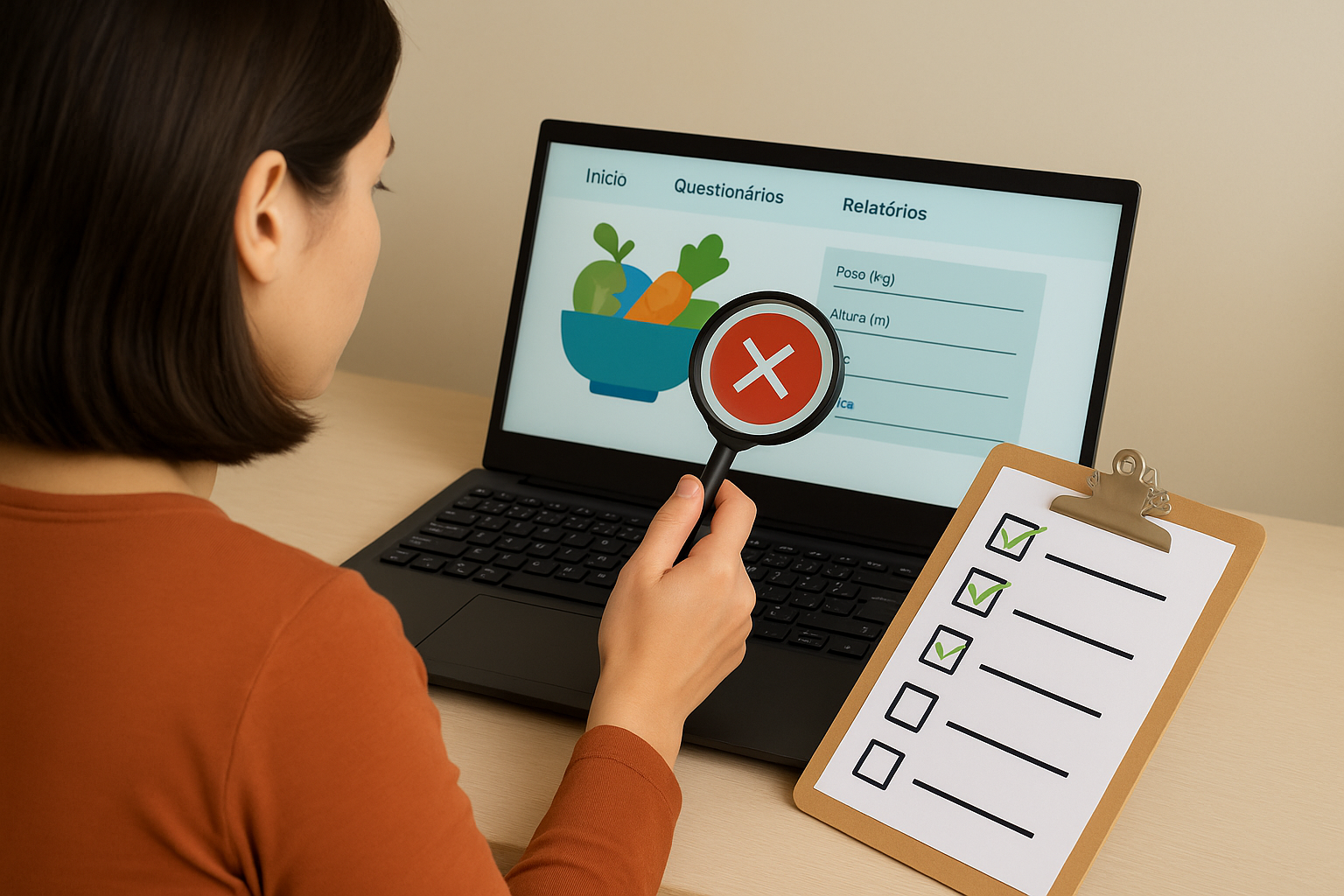 Mulher usa lupa para verificar lista de alimentos em computador de mesa. Imagem gerada por IA.
