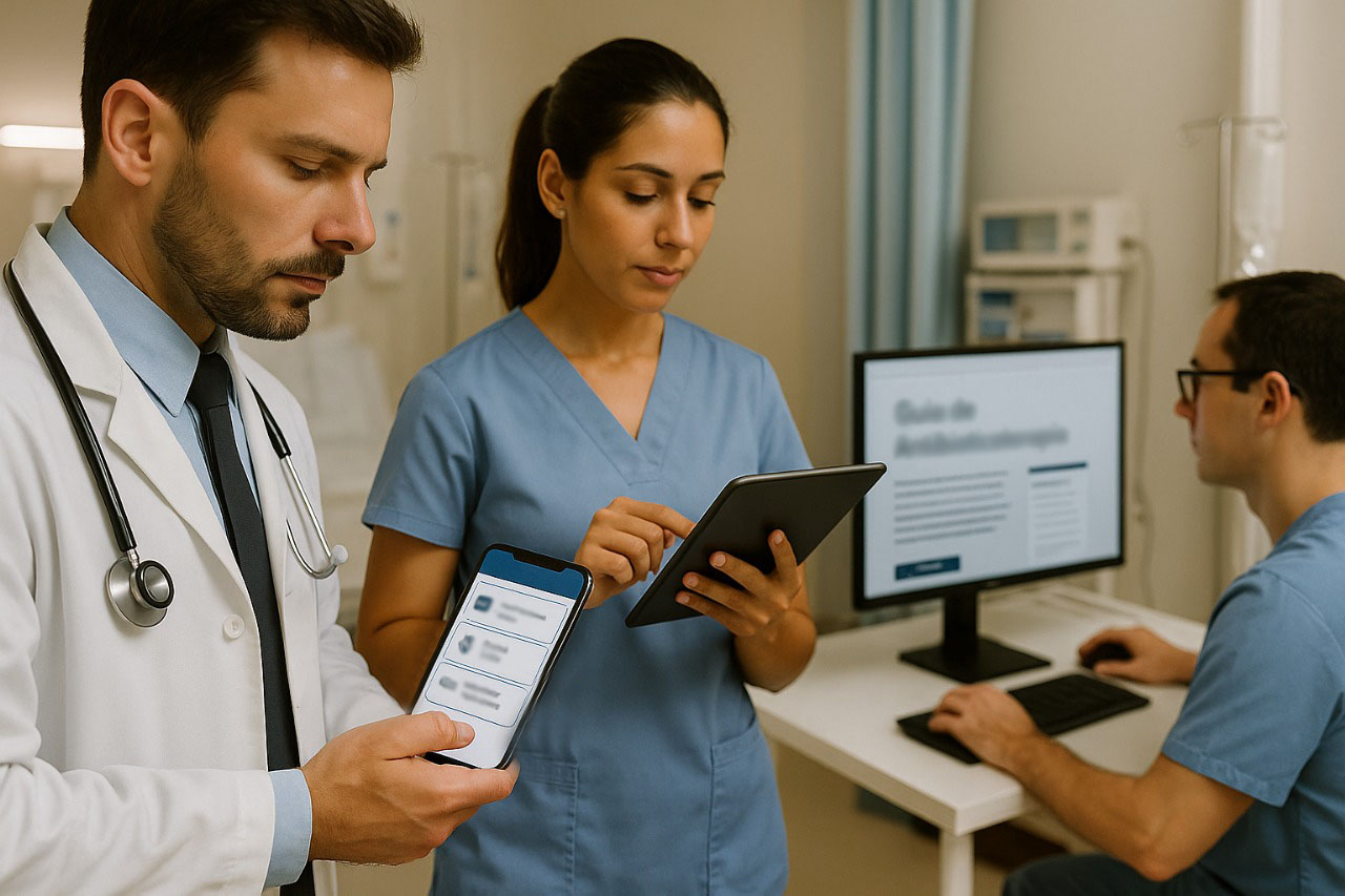 Médico e enfermeiros consultam prontuários e outras informações em dispositivos móveis e computador. Imagem gerada por Inteligência Artificial.
