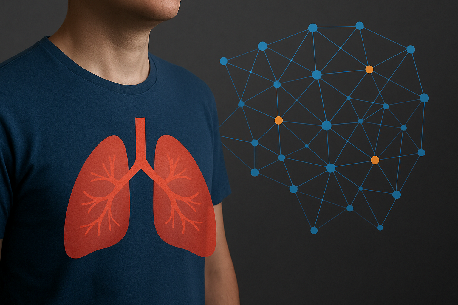 Imagem do torço de um homem com ilustração de pulmões e redes neurais. Imagem gerada com IA